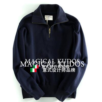 MAGICAL KUDOS新款纯棉水洗磨毛男士贴布绣翻领套头时尚卫衣打底
