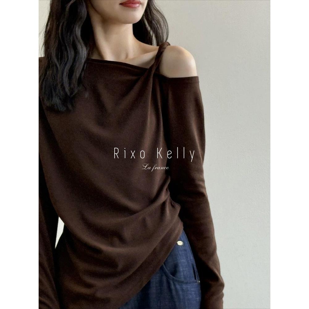 Rixo Kelly气质高级感吊带露肩斜襟长袖T恤女百搭设计感休闲上衣