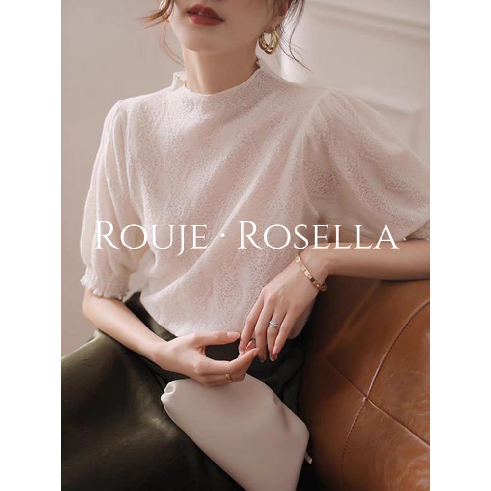 法国Rouje Rosella⭐半高领短袖t恤女夏防晒薄亮丝针织衫宽松上衣