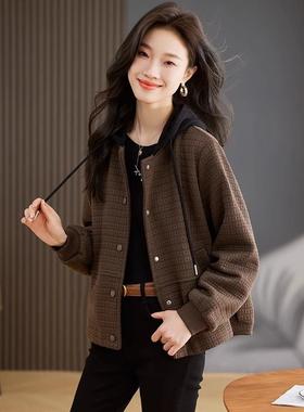 Lily Most格纹连帽夹克女子短2024秋冬高端宽松多功能棒球夹克