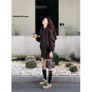 rouje bonjour覆古棕色皮衣外套女高级感做旧机车服短款夹克上衣