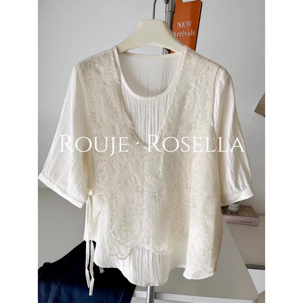 法国Rouje Rosella淑女范宽松显瘦刺绣蕾丝衫夏气质假两件衬衫