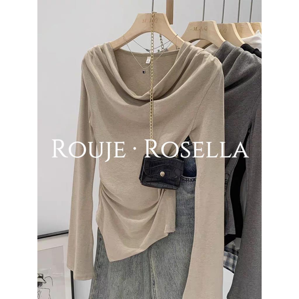 法国Rouje Rosella⭐设计感小众褶皱不规则荡领长袖T恤女打底衫
