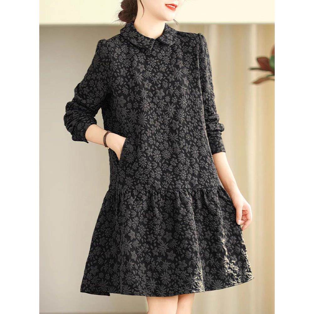 针织提花连衣裙女2025春秋装新款时尚法式荷叶边拼接打底中长裙子