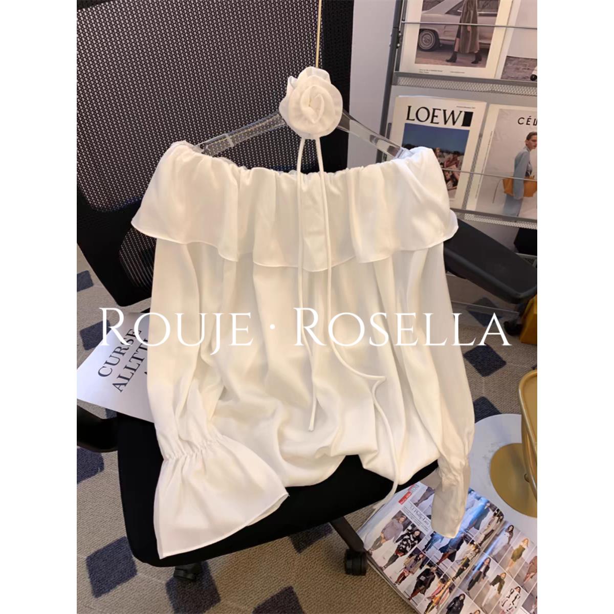 法国Rouje Rosella法式花朵挂脖衬衫可盐可甜女性感一字肩上衣