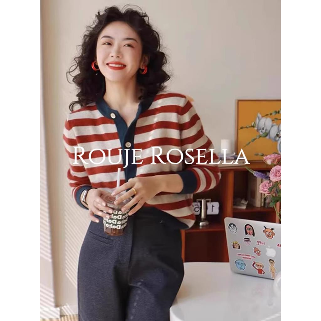 法国Rouje Rosella时尚浪漫⭐法式红白条纹针织开衫女外套上衣