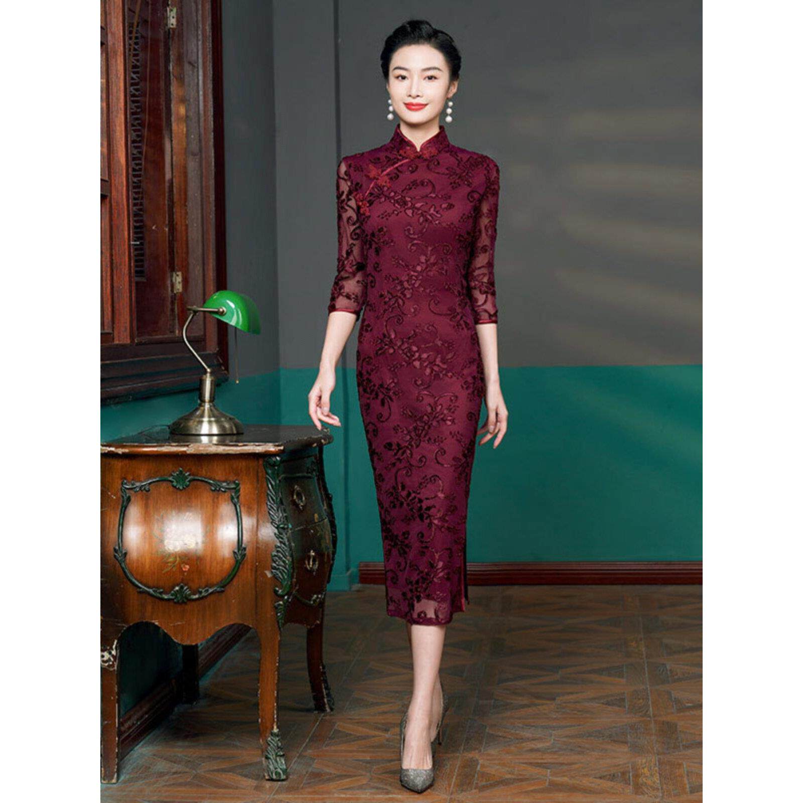 改良旗袍妈妈蕾丝连衣裙喜婆婆婚宴装婚礼服中年妈妈中袖中长款