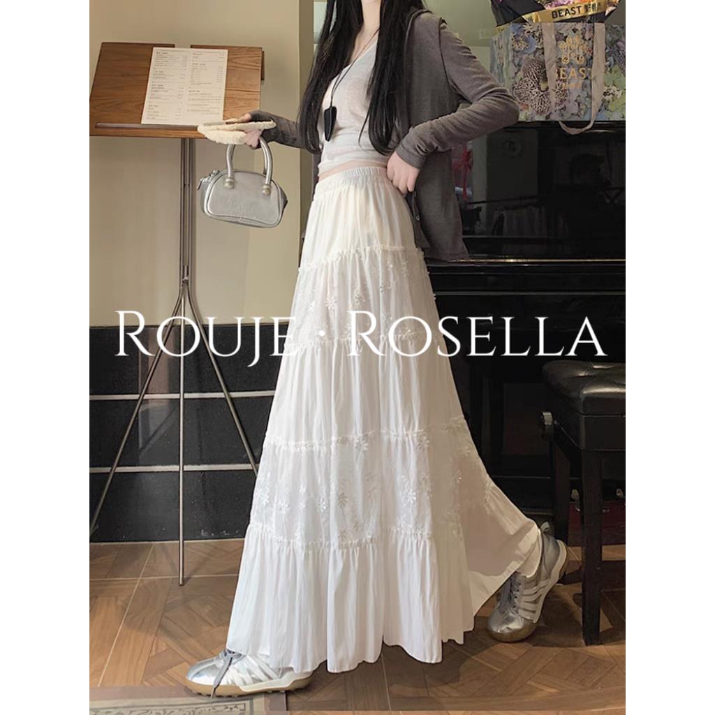 法国Rouje Rosella白色蕾丝拼接半身裙女松紧高腰显瘦a字大摆裙