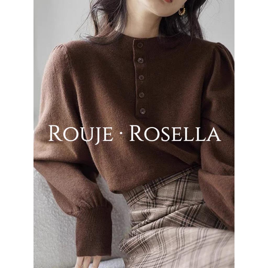 法国Rouje Rosella别致绝美⭐慵懒风套头圆领泡泡袖针织衫上衣