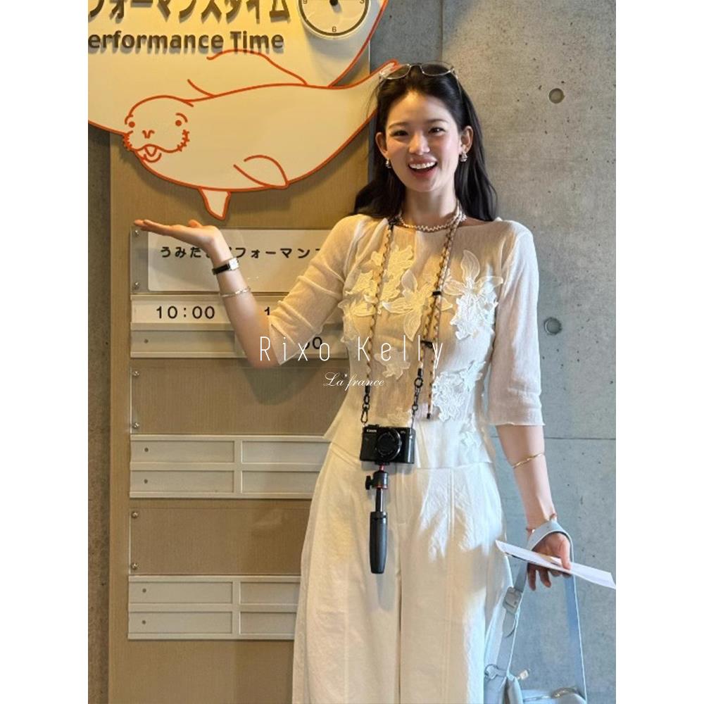 Rixo Kelly纯欲立体花朵夏法式小众网纱T恤女时尚设计感洋气上衣