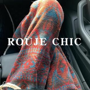 女秋冬民族风提花针织卫裤 直筒休闲裤 chic脏脏风新中式 法国rouje