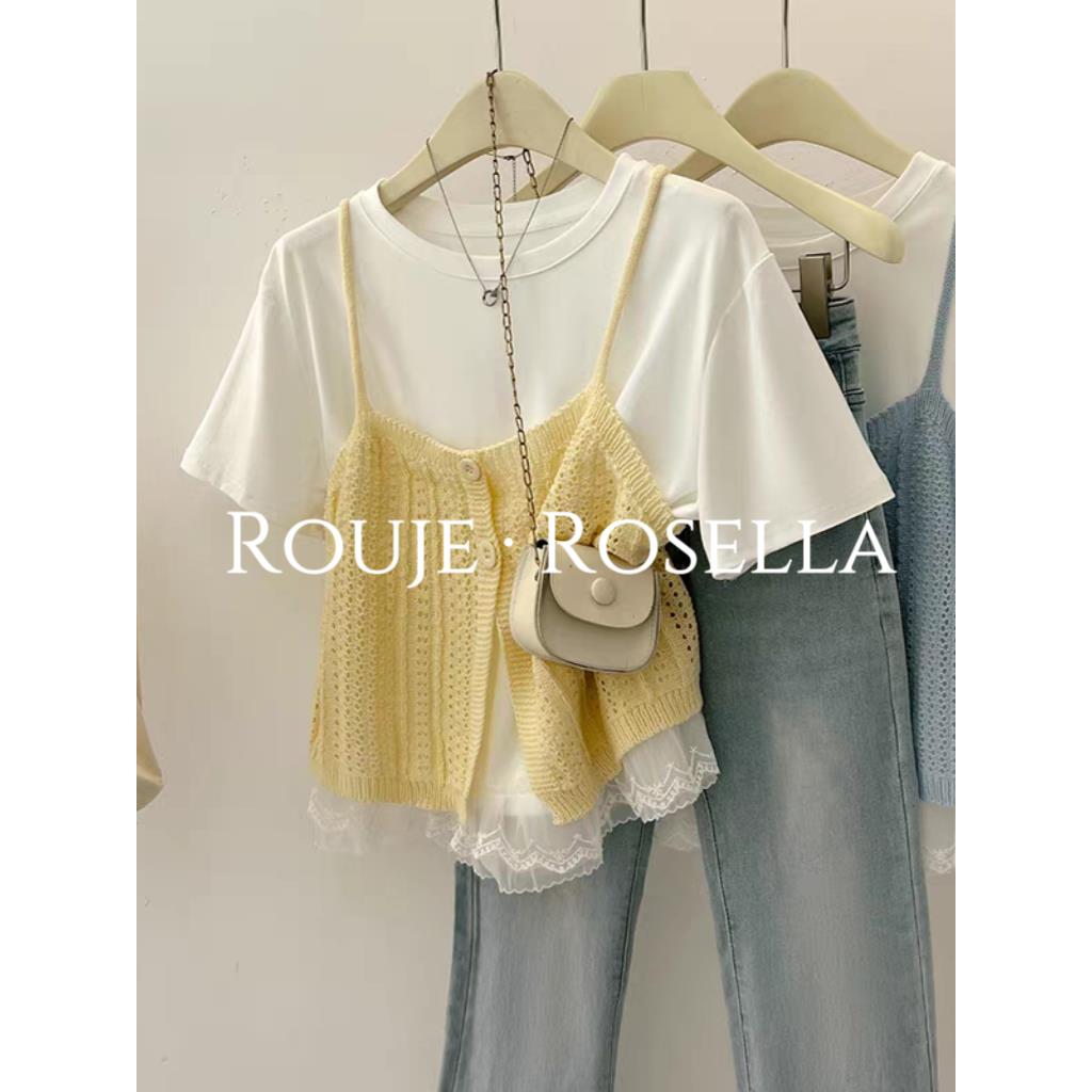 法国Rouje Rosella法式蕾丝拼接假两件T恤女夏宽松显瘦短袖上衣
