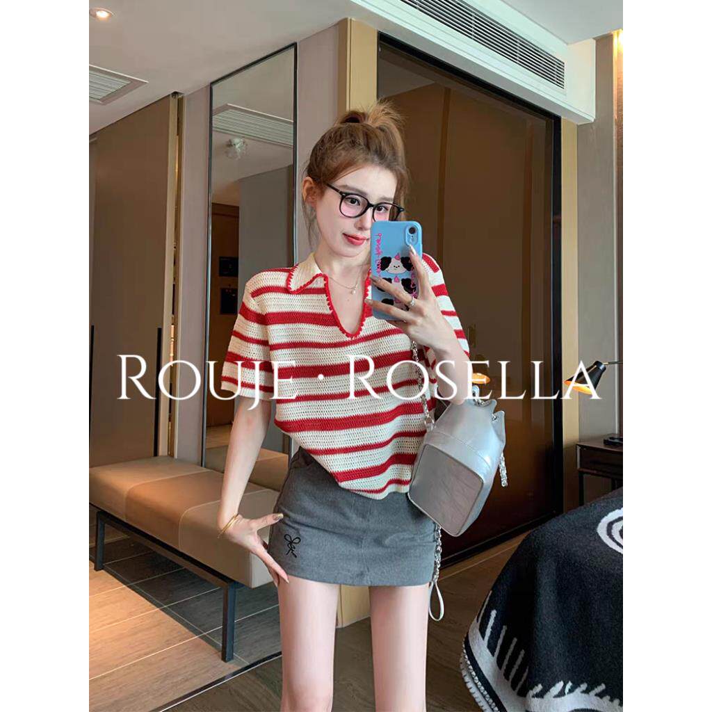 法国Rouje Rosella红色条纹v领针织短袖t恤女夏季小个子polo领