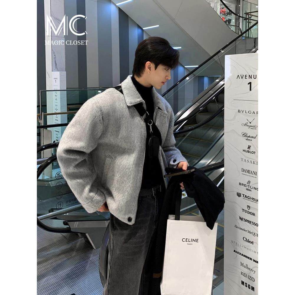 2025春秋新款高级感韩版短款毛呢大衣男潮流灰色毛呢夹克外套翻领