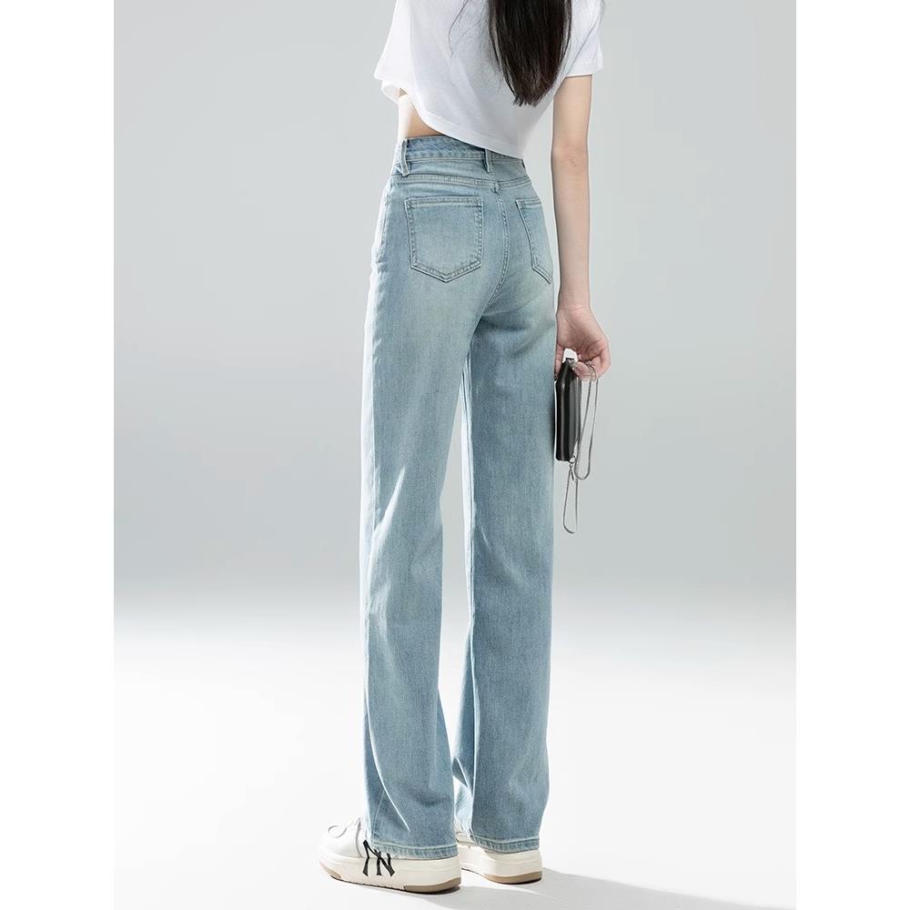 法国ROUJE NAIVE高端浅色窄版阔腿牛仔裤女薄款高腰直筒阔腿裤子