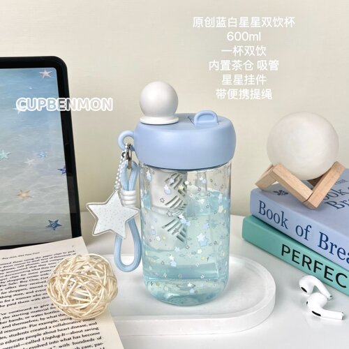 原创小清新蓝白星星双饮吸管水杯