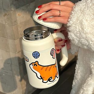 保温杯女生大容量316不锈钢猫咪水杯学生高颜值带把手便携杯子男
