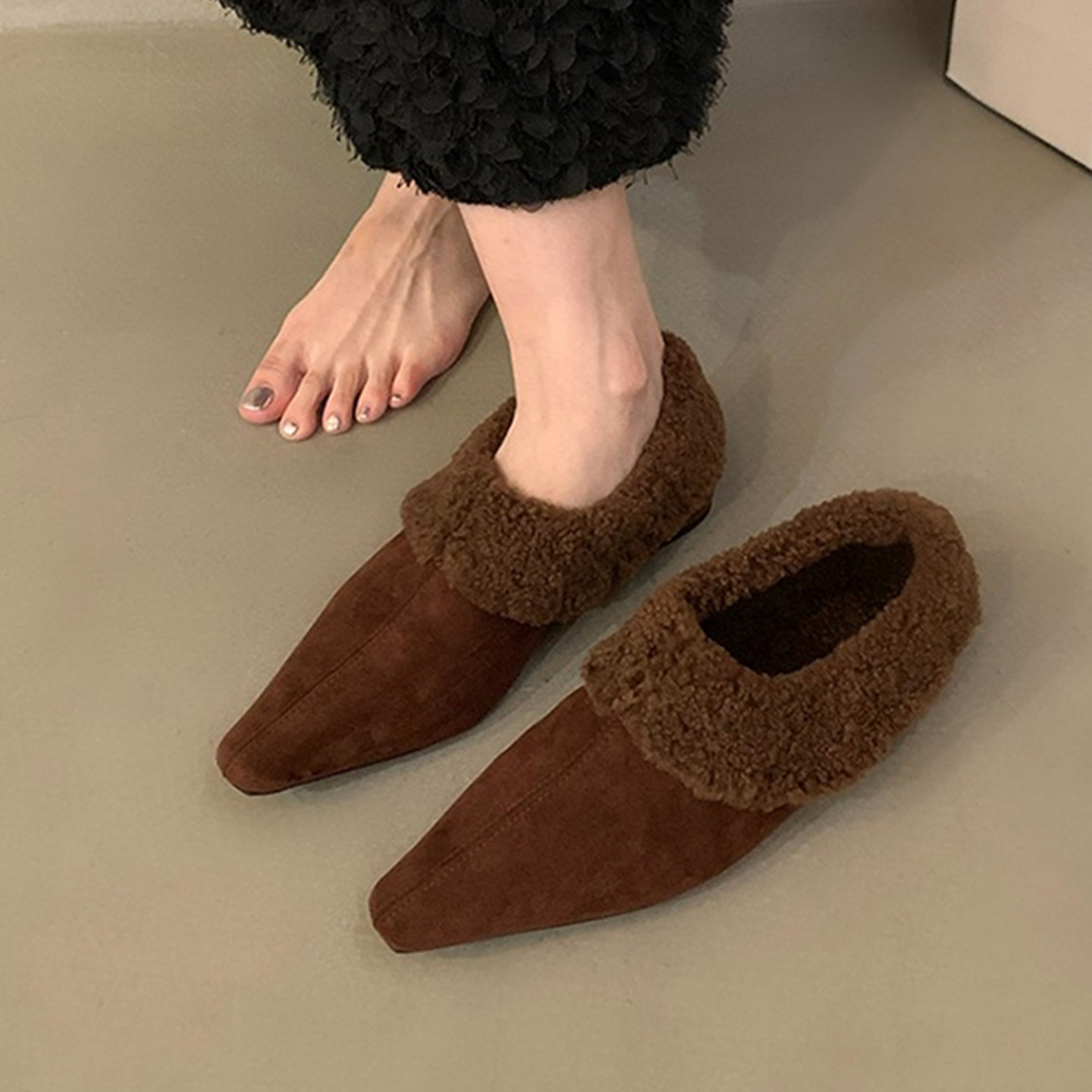 法式复古棕色毛毛加绒勃肯鞋女