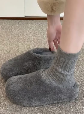 秋冬懒人包头加绒内增高半拖鞋