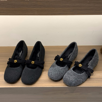 秋冬季加绒蝴蝶结圆头舒适豆豆鞋