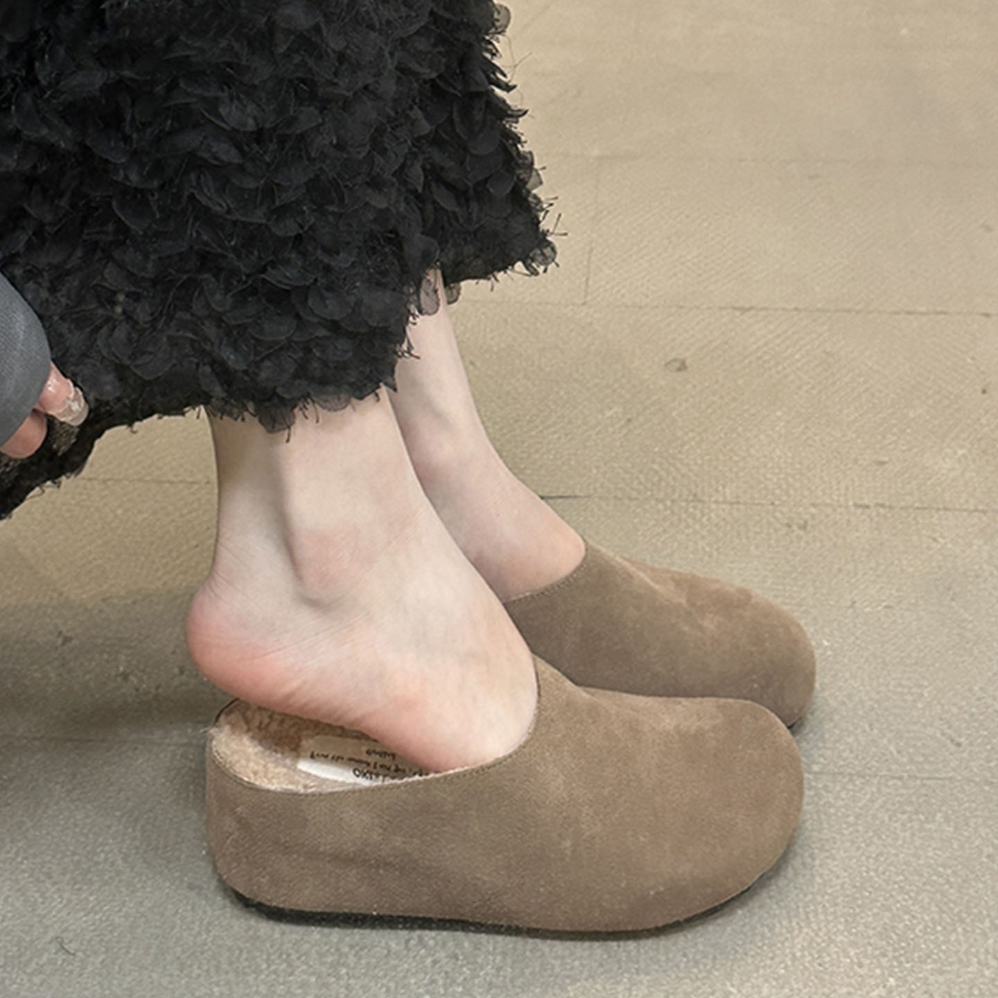 秋冬加绒半拖小个子内增高软木鞋