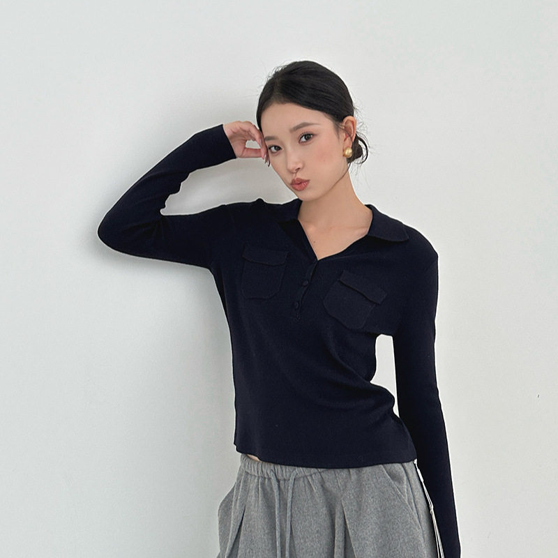 爱姐家ELSISSI口袋纯色修身Polo