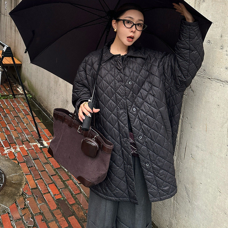 ELSISSI翻领宽松版菱格棉服外套