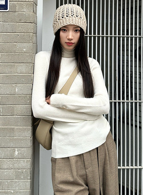 ELSISSI高领弹力舒适纯色针织衫女2025秋冬慵懒上衣内搭打底毛衣