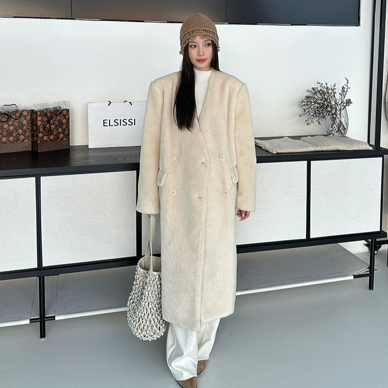 ELSISSI加长款羊羔毛毛呢大衣女