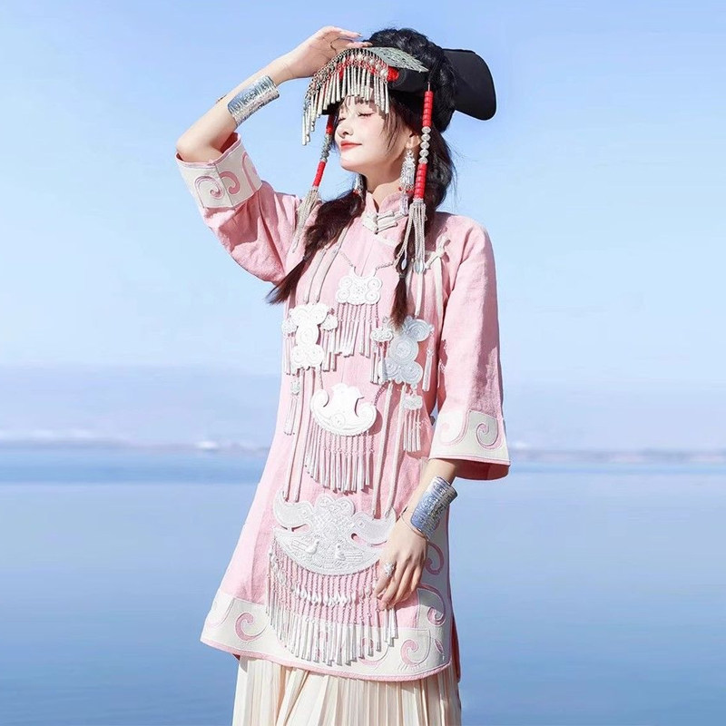 凉山彝族服装滇南少数民族棉麻服饰镶边刺绣盘扣大袖上衣裙子套装