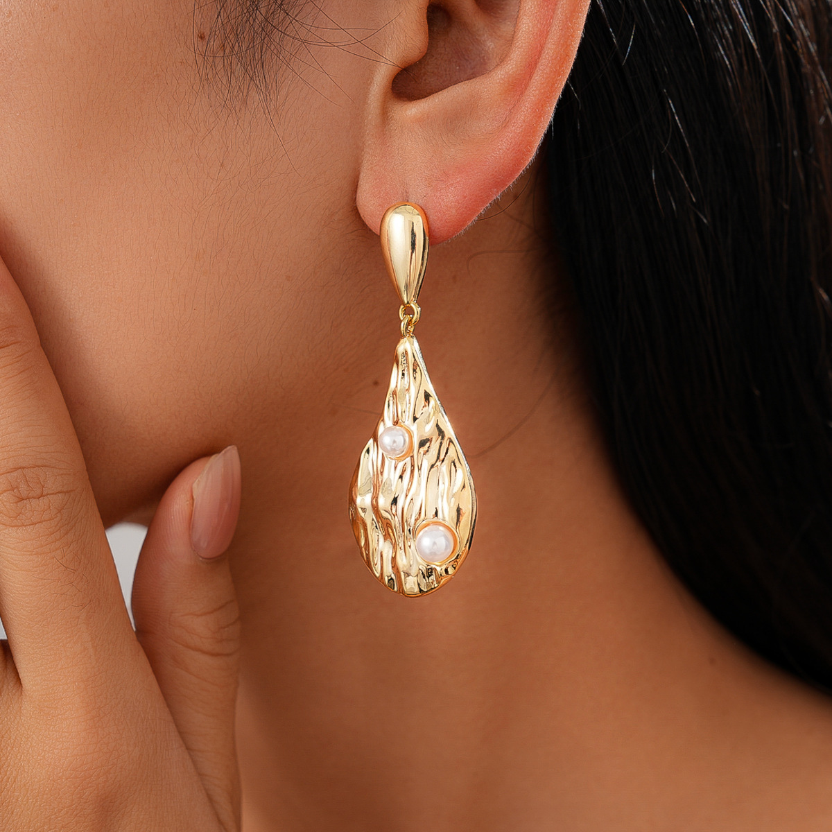 18K真金电镀欧美褶皱水滴耳环女