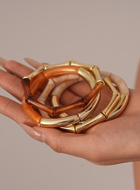 美拉德风拼色亚克力几何竹节手镯