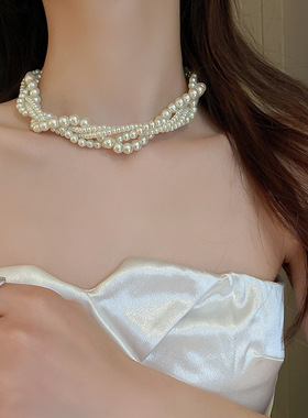 Fried Dough Twists Neckchain 个性多层巴珍珠麻花hoker颈链项链