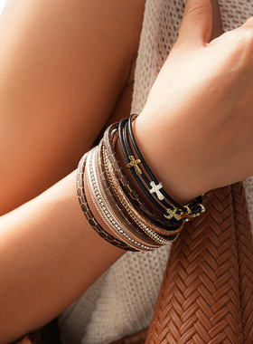 复古皮革镶钻十字架多层磁吸手链