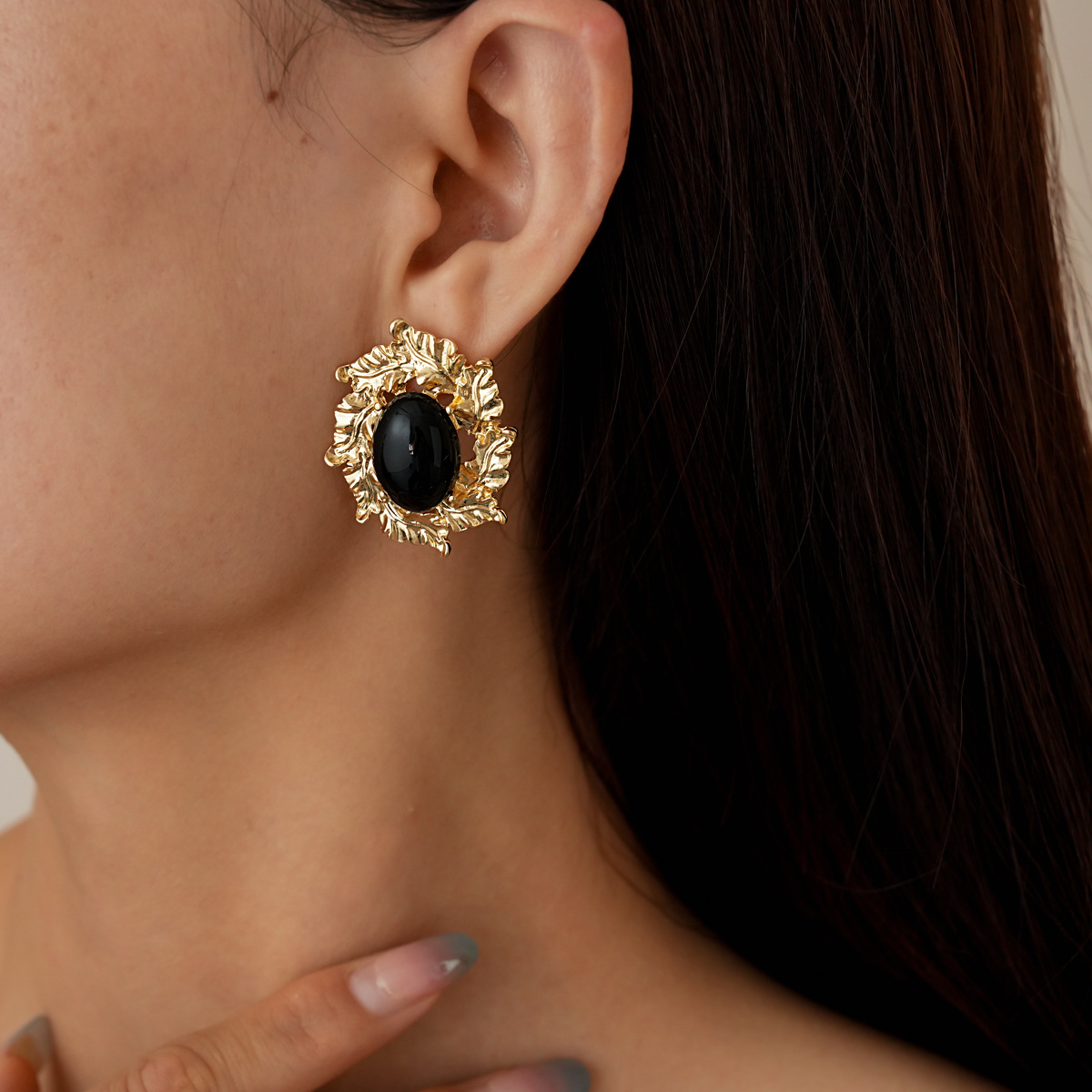 复古宫廷风椭圆形叶子耳钉耳环女