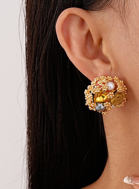 Flower Silver Needle Earnail 复古宫廷风镶钻花朵银针耳钉耳环