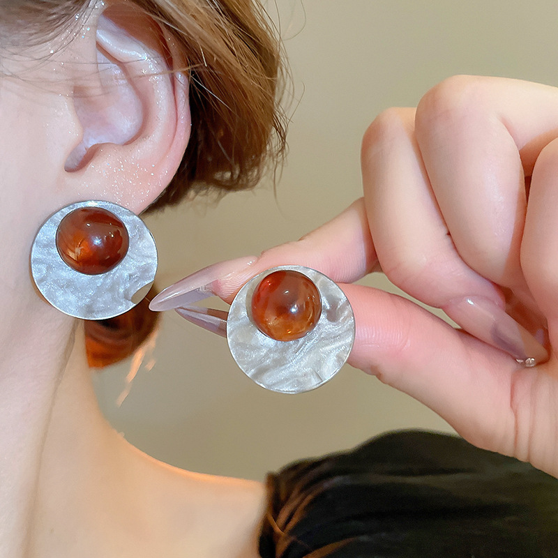 复古撞色树脂圆形荷包蛋耳钉耳环