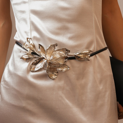 金属感皮革郁金香花朵腰链腰饰女