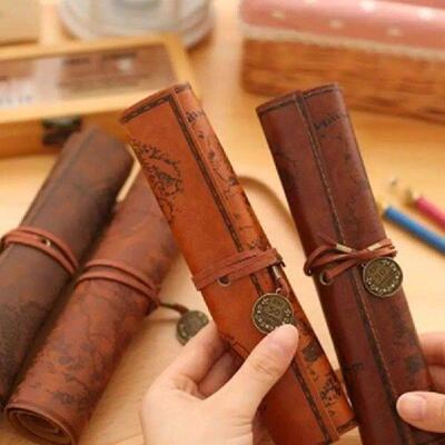 2 Pcs Vintage Pencil Holder Retro Case Bag Rollup Pu Pouch