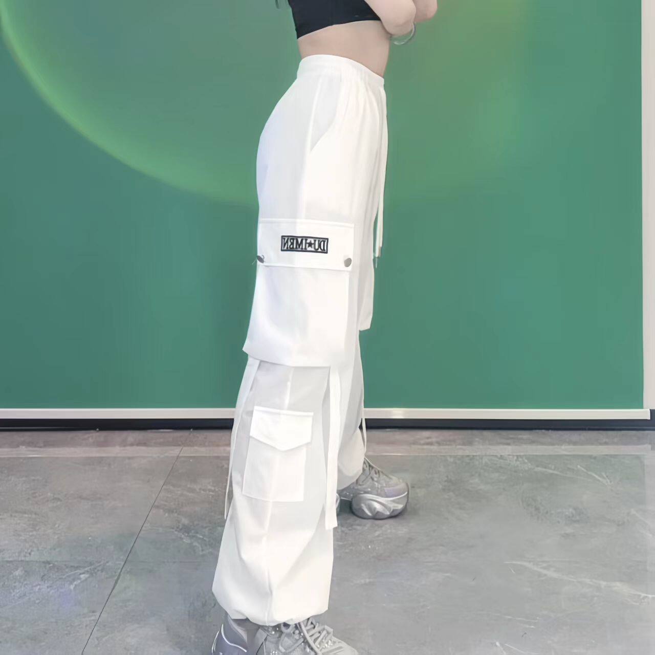 新款飘带大红工装裤男女曳步舞爵士舞蹈宽松版刺绣直筒灯笼裤薄款