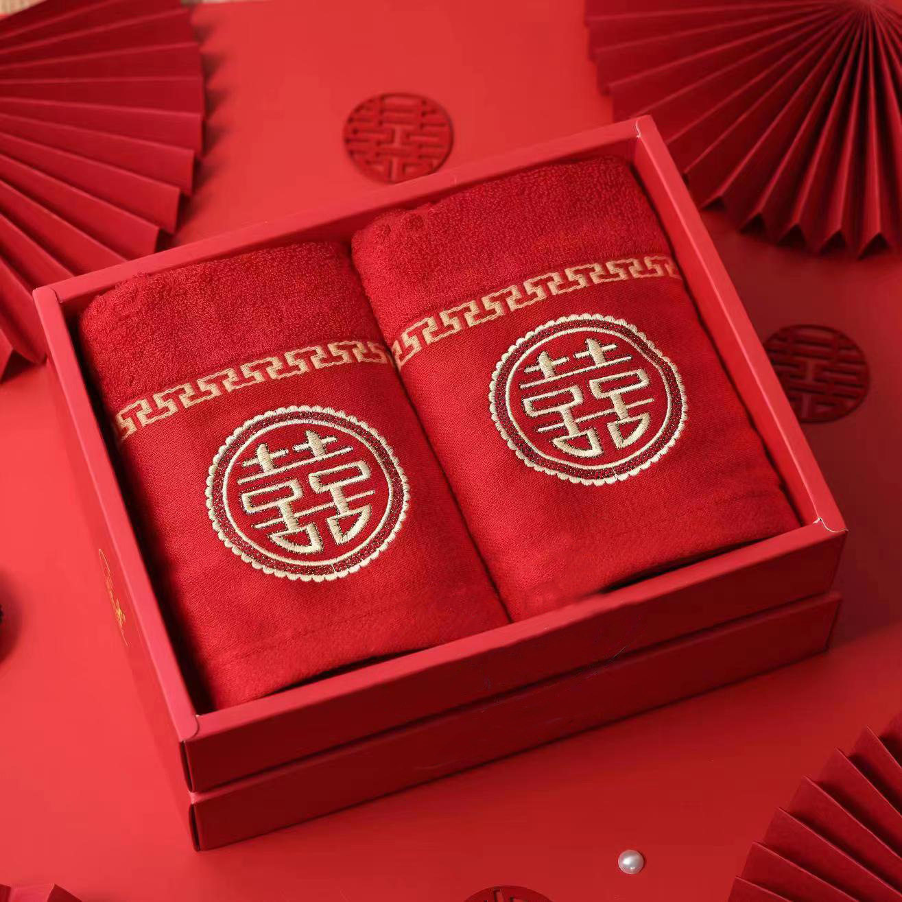婚庆礼品红毛巾 纯棉婚礼回礼毛巾囍字面巾喜事情侣大红毛巾