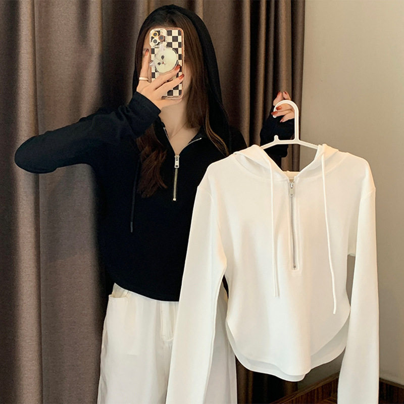 设计感小众2023秋季新款短款拉链上衣显瘦薄款长袖连帽卫衣洋气女