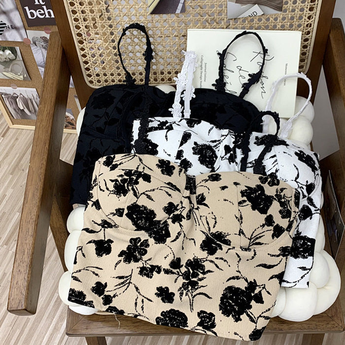 夏季法式复古玫瑰碎花吊带背心内搭打底抹胸带胸垫外穿辣妹上衣女