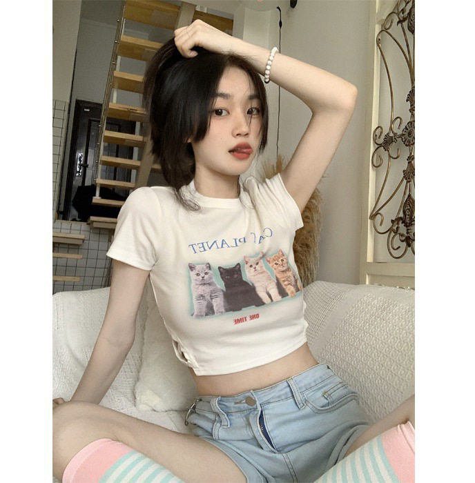 猫咪印花修身白色短袖T恤女2023夏季甜辣露脐短款学生打底上衣潮