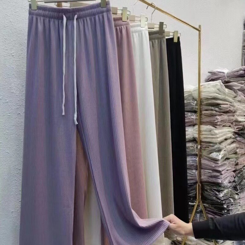 2023小个子新款春款闪电条冰丝女韩版高腰宽松垂感气质百搭阔腿裤