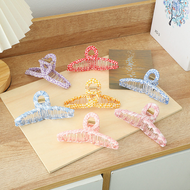 新款ins潮流超仙发夹彩色千鸟格布艺鲨鱼夹女生可爱格纹抓夹发饰