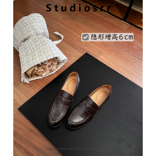 【苏冉冉】6cm踩屎感内~增高一脚蹬单鞋羊皮版英伦风小皮鞋乐福鞋
