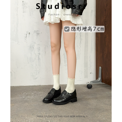 【苏冉冉】牛皮~英伦风粗跟女7cm内增高双扣带黑色小皮鞋百搭单鞋