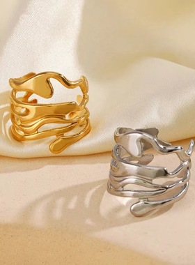 2025热选欧美不规则几何金属波浪开口可调个性时尚女士潮流指环