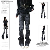 欧美街头水洗做旧裂纹弯刀牛仔裤 女高腰直筒显瘦堆积感拖地长裤 子